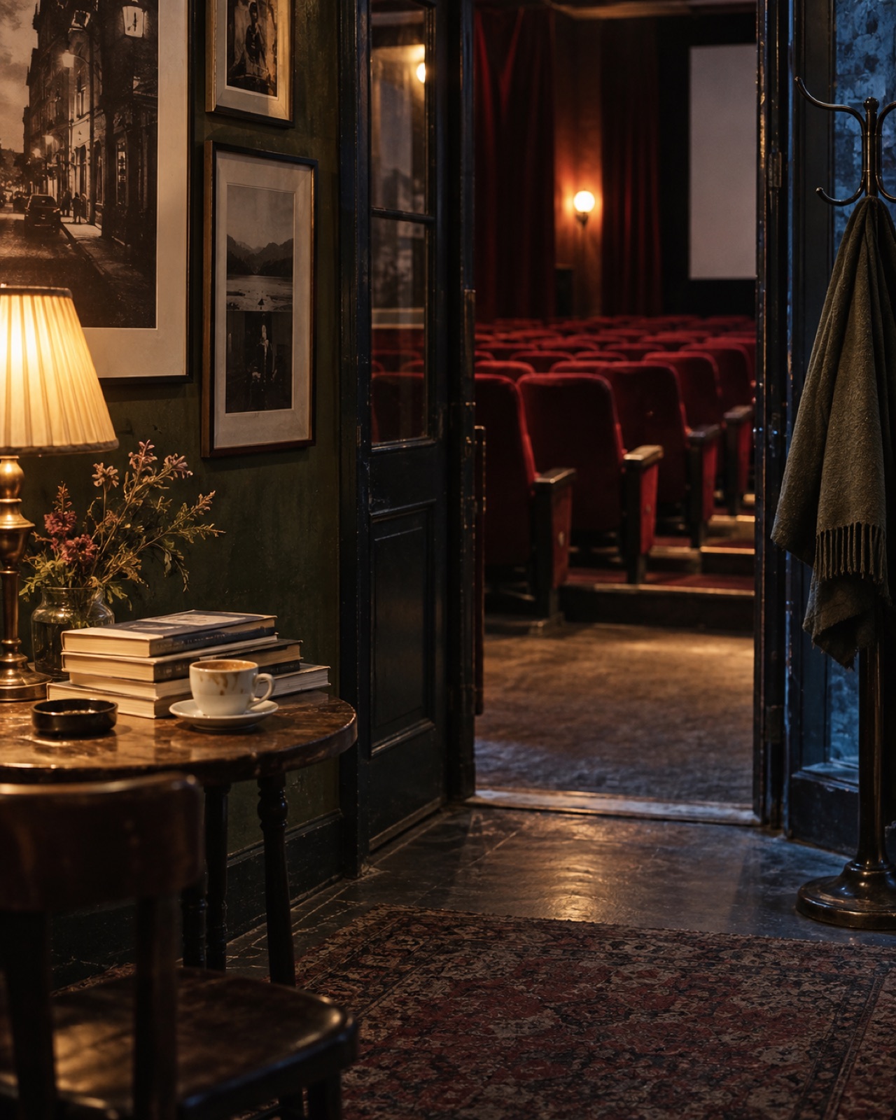 An intimate neighborhood cinema foyer