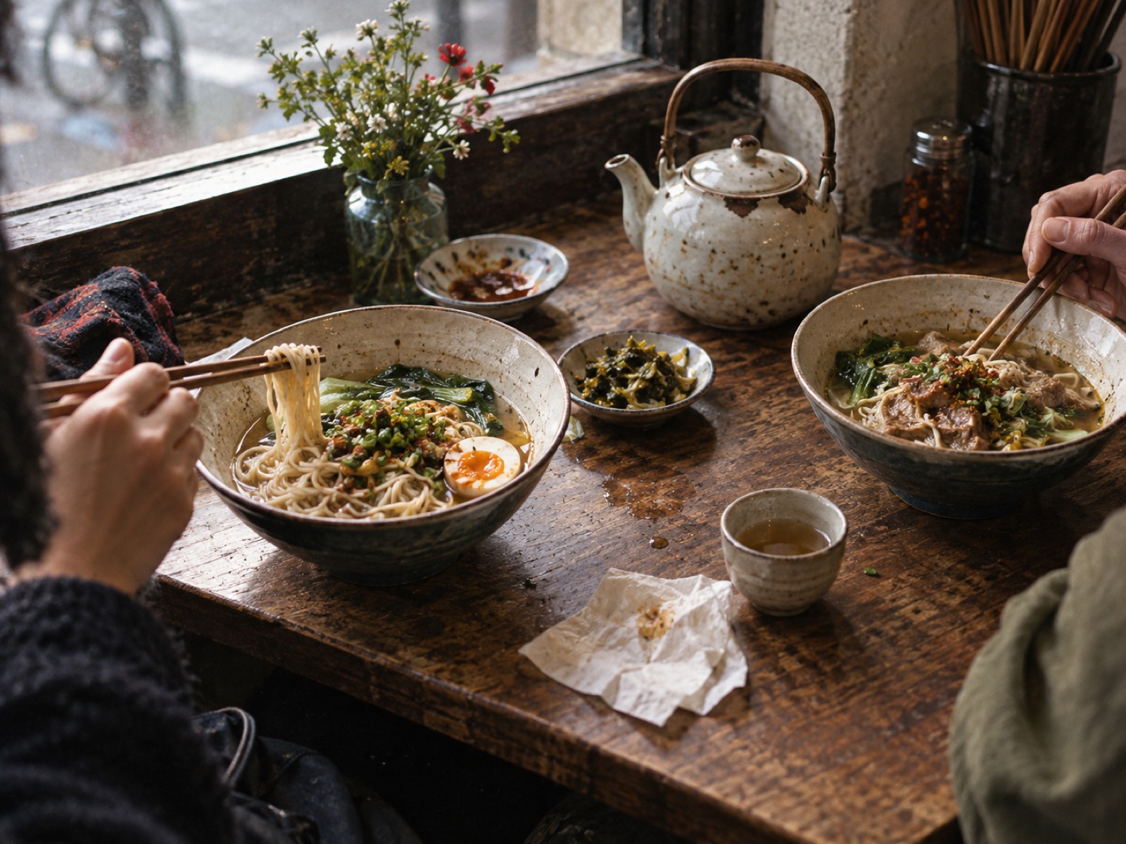 Two friends sharing noodles at a small wooden counter