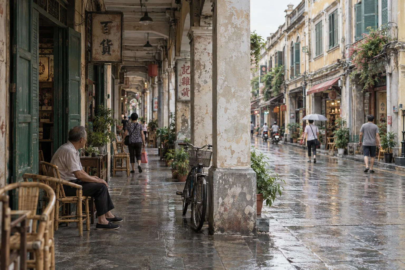 AI-generated illustration of a Guangzhou-inspired arcade street after rain
