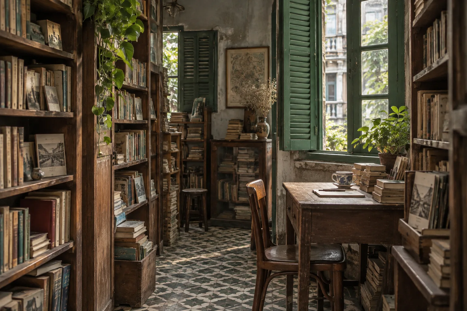 AI-generated illustration of a quiet Guangzhou-inspired second-hand bookshop